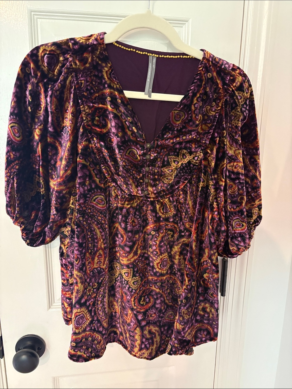 Anthropologie Velvet Paisley Puff-Sleeve Top in Purple and Gold
